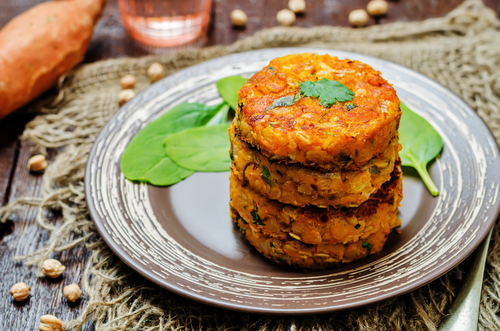 Stack of golden sweet potato and chickpea patties