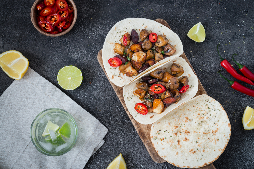 Mushroom tacos with red chilli and fresh lime